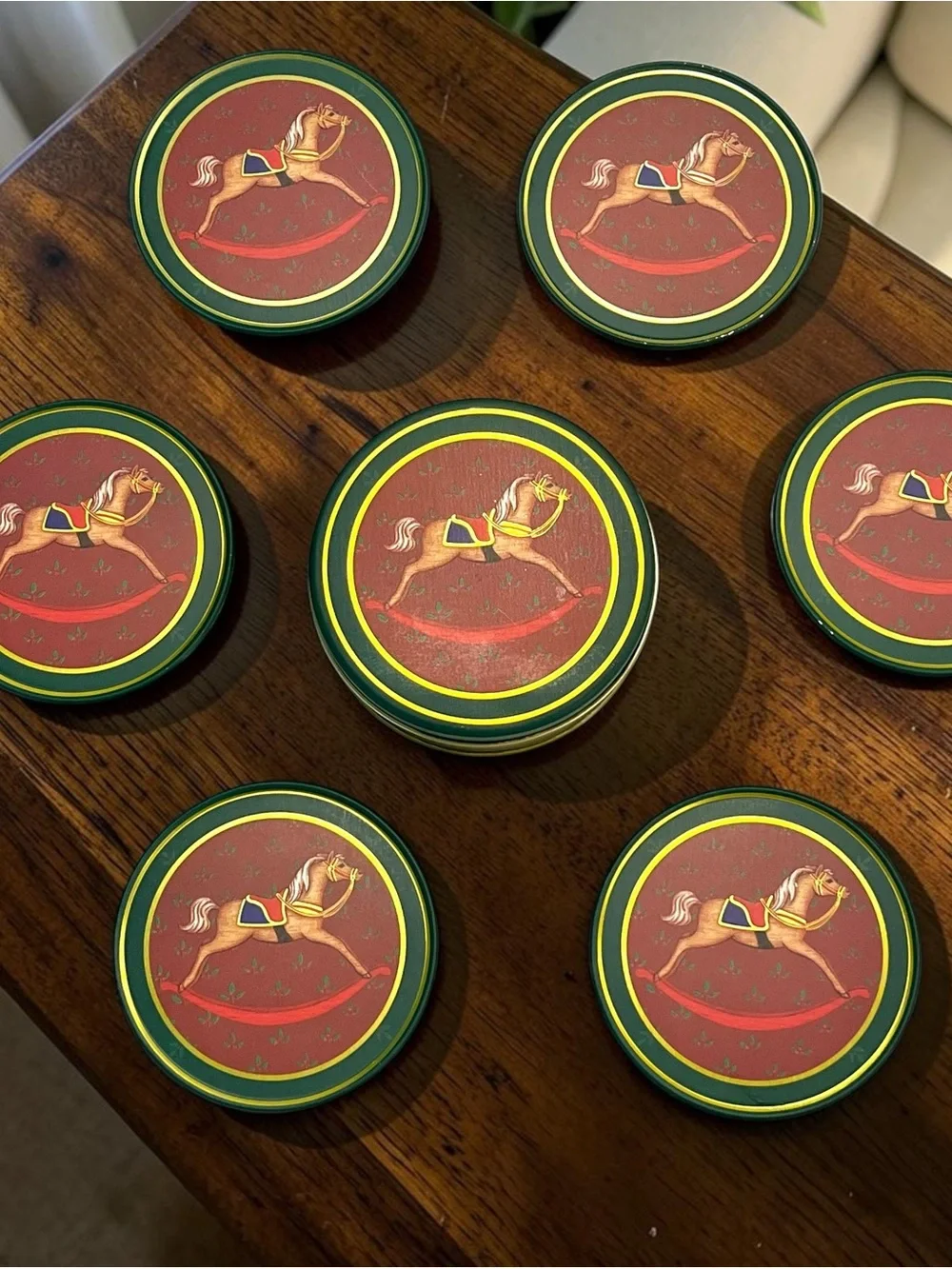 Vintage Antique Horse Cork Coaster Set of 6 w Tin Box Country Cottage Decor